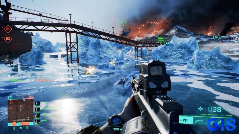 Cảnh chiến trường trong Battlefield 2042: Next Generation, với hiệu ứng phá hủy môi trường và ánh sáng chân thực.