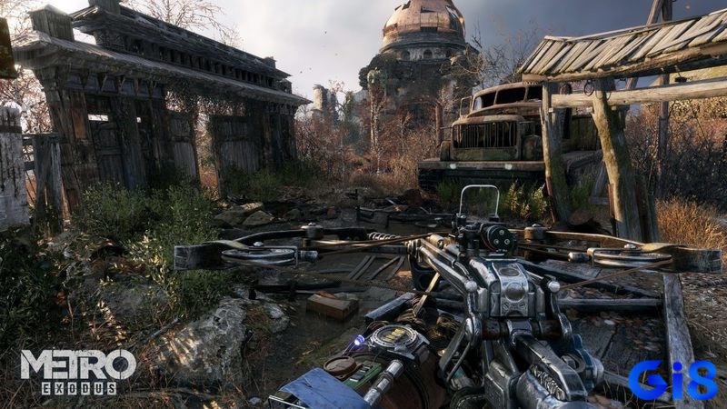 Gameplay từ Metro Exodus trên máy tính tầm trung, sử dụng DLSS để duy trì hiệu suất và chất lượng hình ảnh.