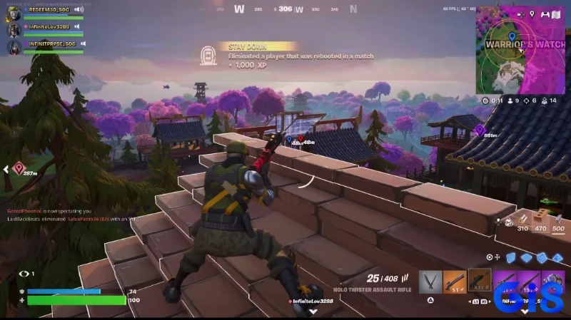 Gameplay Fortnite với bản đồ mới Chapter 7 và nhân vật đang xây dựng công trình trong trận chiến.