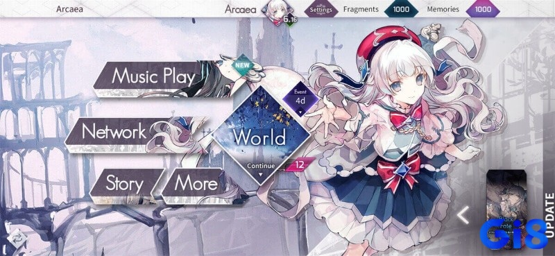 Giao diện chơi Arcaea với hiệu ứng 3D sống động và các note nhạc bay lơ lửng tạo cảm giác không gian.