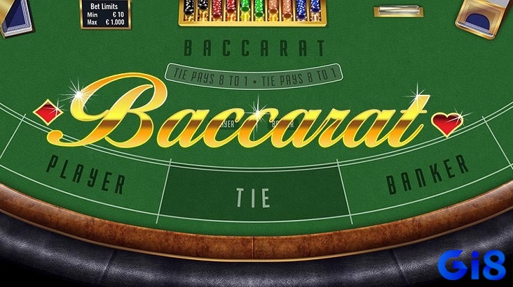 Một bàn Baccarat với các ô cược rõ ràng (Player, Banker, Tie) và các lá bài được chia cho cả hai bên.