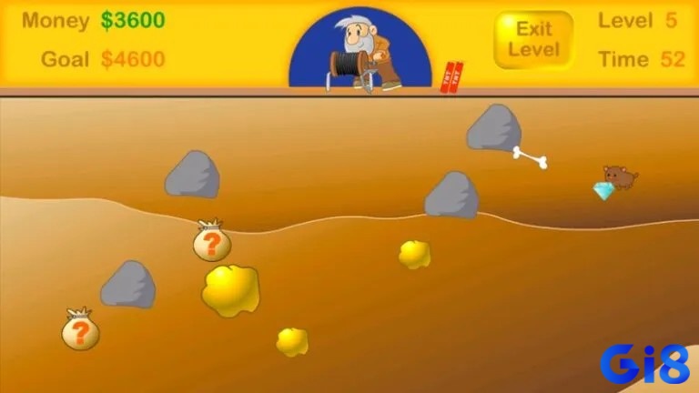 Người chơi dùng cần cẩu để gắp vàng trong game đào vàng online